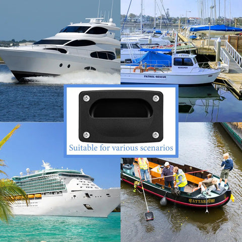 Marine Flush Pull Hatch Handle With Mount Screws, black recessed boat deck lift shown in marine environments, 3.62 x 2.23 inches