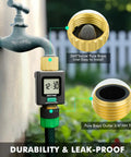 Smart Water Flow Meter With Backlit Screen And Brass Inlet And Outlet installed on outdoor faucet with hose, showing app control capability.