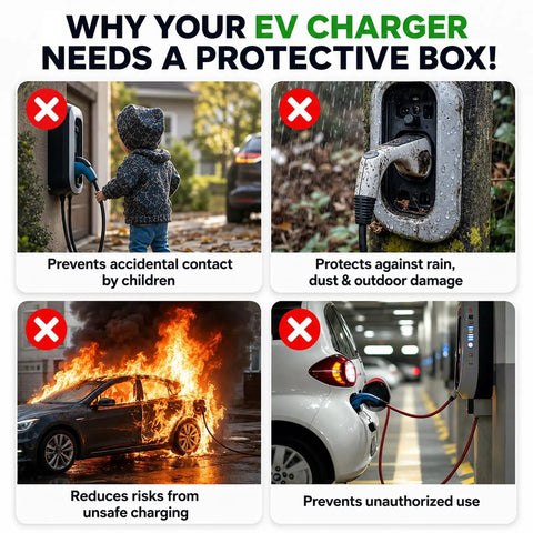 Tough As Nails Outdoor EV Charger Enclosure With Hella Secure Locking Steel Cabinet For Wall Mount Charging Cables. Safety features shown.