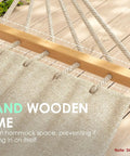Two Person Double Hammock With Oversized Spreader Wooden Bar And Side Storage For Outdoor And Indoor Use Beige Patio Chill Lounge