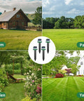 Collage showing Solar Powered Ground Vibrating Pest Repellent For Gardens Lawns Yards Farms And Orchards Keeps Rats Snakes Rabbits Hedgehogs Outta Your Lawn With Ultrasonic Burrow Deterrence Every 30 Seconds in various outdoor settings