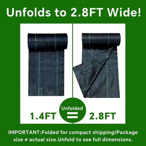 Heavy Duty Weed Barrier Landscape Fabric 2.8 Ft By 50 Ft Ground Cover for Weed Control shown folded and unfolded.