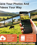 Wireless Cellular PTZ Security Camera For Outdoor Monitoring With Solar Charging And Straight Up 4G Signal serving as a hand holding smartphone displaying storage options.