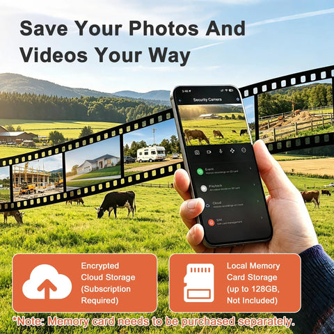 Wireless Cellular PTZ Security Camera For Outdoor Monitoring With Solar Charging And Straight Up 4G Signal serving as a hand holding smartphone displaying storage options.