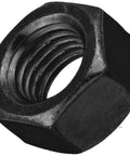 Black oxide hex nut with internal threads, close-up view