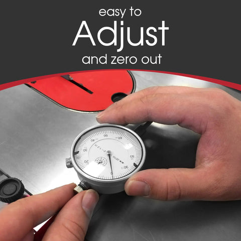 A Line It Basic Table Saw Alignment Calibration Tool with Precision Dial Indicator in hand on table saw surface