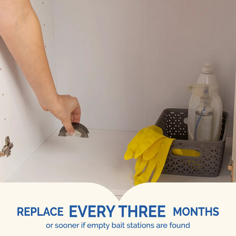 Person placing Fast Acting Liquid Roach Bait 6 Pack bait station inside kitchen cabinet for pest control.