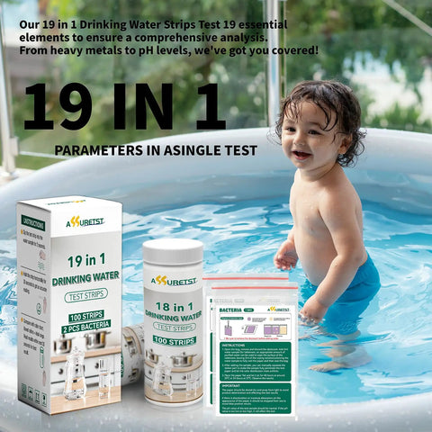 19 In 1 Water Quality Test Strips For Tap And Well Water Straight Up PH Hardness Chlorine Lead Nitrate Bacteria Testing Kit With 100 Heavy Duty Reagents Plus No Guesswork Readouts in a home pool setting with a child.