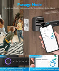 Fingerprint Door Lock with Keyless Entry, Bluetooth Smart Lock showing app control on smartphone next to touchscreen keypad