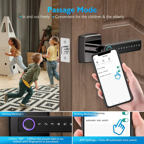 Fingerprint Door Lock with Keyless Entry, Bluetooth Smart Lock showing app control on smartphone next to touchscreen keypad