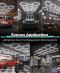 Hexagon LED Lights Power Cable With Switch Exclusively Compatible With Hexagon LED Panels High Capacity DIY Ready For Creative Hexagon Lighting Designs One Cable Powers Up To 62 7W Modules displaying multiple room installations