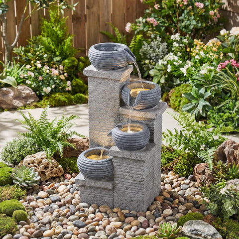 4-Tier Outdoor Water Fountain With Cascading Bowls, 23 Inch Tall, Warm LED Lights, And Submersible Pump For Patio Garden Balcony Yard