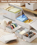 Kickass Plastic Storage Bins With Lids Full Set decorative boxes in ivory organizing clothes, socks, and accessories in a closet.