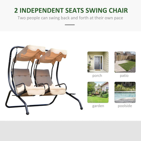 Double Seat Outdoor Patio Swing With Removable Canopy And Cup Holders, Perfect For Porch Or Garden And Poolside Hangouts shown