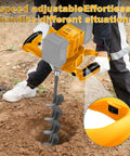Close-up of Badass Cordless Post Hole Digger Auger Bit with 6-speed control and drill penetrating soil.
