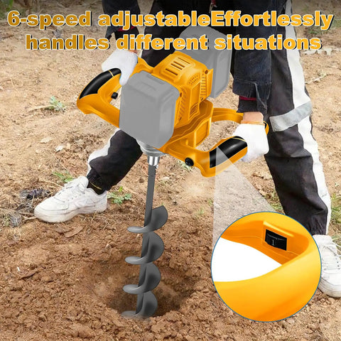 Close-up of Badass Cordless Post Hole Digger Auger Bit with 6-speed control and drill penetrating soil.