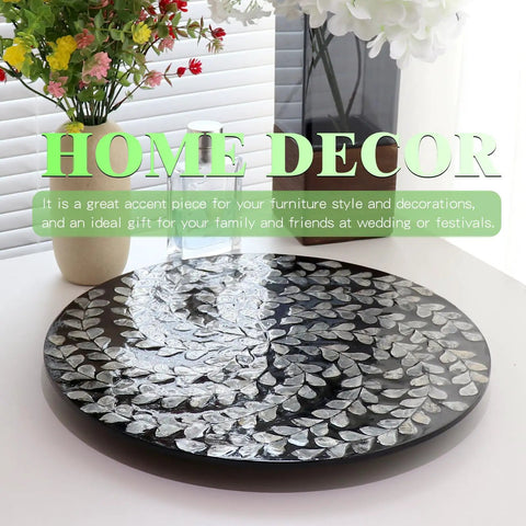 Hecka Smooth 13.4 Inch Round Lazy Susan Countertop Turnable Tray Featuring Mother Of Pearl Center And Black Wicker Boho Pattern For Kitchen Dining Or Bar Spaces with decorative floral pattern.