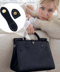 Eight Sets Leather Snap Buckles With Snap Button Closure Sew On For Wallets Bags And Notebooks Black And Light Brown Durable Leather Purse Fasteners For DIY Craft Projects shown on black handbag.