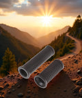 Two Pack MTB Handlebar Grips For Twisting Shifter, Shock Absorbing Anti Slip Rubber Grips on a mountain trail at sunset