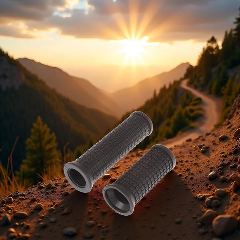 Two Pack MTB Handlebar Grips For Twisting Shifter, Shock Absorbing Anti Slip Rubber Grips on a mountain trail at sunset