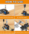Concealed Hinge Jig With Quick Clamp, Includes 35mm And 26mm Drill Bits, shown in use for cabinet door installation.