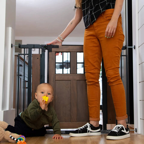 Farmhouse Style Barn Door Walk Thru Baby Gate With Dual Swing Stylish Auto Close 30 Inch Tall Fits 29 To 43 Inch Openings in use