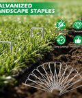 100 Pack Landscape Staples And 100 Pack Gaskets 12 Inch 11 Gauge Galvanized Steel Garden Staples With Black Pads Turf Staples For Weed Barrier Grass Pro shown on turf with features listed.