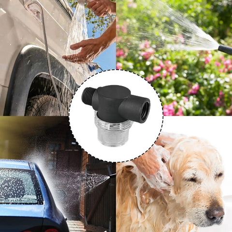 Water Pump Filter 50 Mesh Stainless Steel Screen 255213 in center, surrounded by cleaning scenes including cars and dog washing.