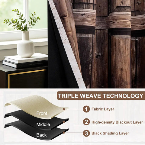 Real Deal Rustic Barn Door Blackout Curtains Featuring Vintage Wood Grain Art Heavy Duty Thermal Insulation Slick Grommet Drapes For Effortless Home Refresh Two Panel Bundle with triple weave technology.