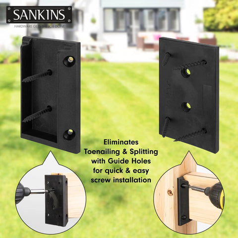 10 Pack Deck Railing Bracket Connectors For 2x4, Heavy Duty PP Plastic Black Railing Brackets shown with screws and guide holes
