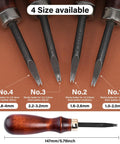 Top Shelf Leather Edge Beveler Set including four sizes of high carbon steel skiving knives with smooth wood handles.