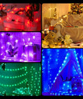Collage of Color Changing Star String Lights USB Powered 23 Ft 50 LEDs in multiple colors indoors for festive decoration.