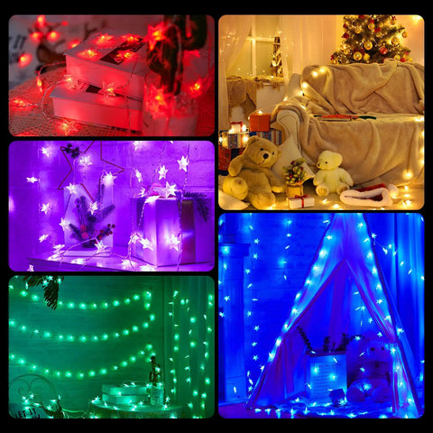 Collage of Color Changing Star String Lights USB Powered 23 Ft 50 LEDs in multiple colors indoors for festive decoration.
