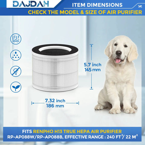 Toxin Absorber Filter RP-AP088-F2 with dimensions next to a cute puppy, showing size comparison for Renpho air purifiers.