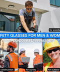 Legit Heavy Duty Smoke Tinted Safety Glasses 12 Pack With 12 Noise Blocking Silicone Ear Plugs NRR 25dB ANSI Z87 Rated For Shooters And Tradesmen Built Like A Tank For The Daily Grind No BS, showing diverse workers using safety glasses.