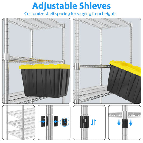 Heavy Duty Metal Shelving 4 Tier Storage Rack With Smooth Rolling Casters For Garage Or Kitchen Adjustable Chrome Wire Rack showing adjustable shelves with black bin.