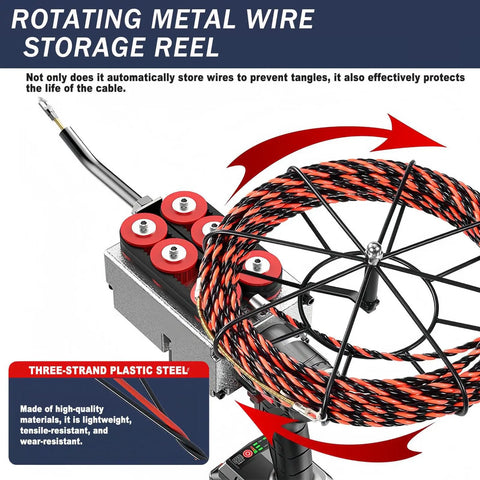 Rotating metal wire storage reel for Rock Solid Cordless Automatic Pipeline Wiring Machine; multi-color cable management.