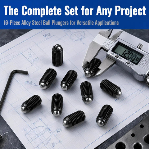 10 Pack M12x30mm Screw Thread Ball Spring Plungers Alloy Steel Positioning Detent Locking Pins on blueprint with caliper.