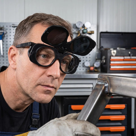 Premium Heavy Duty Industrial Double Lens Welding Goggles featuring anti glare optics, worn by a welder inspecting metal.