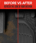 Before and after image showing Premium Quality Heavy Duty Hella Durable All Weather Floor Mats in black rubber for cars.