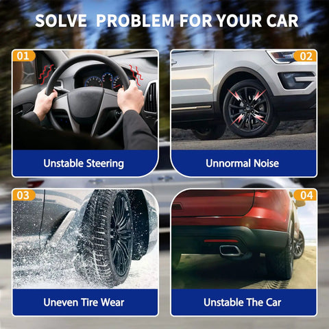 Image showing car issues: unstable steering, abnormal noise, uneven tire wear, and instability. Replacement Suspension Kit for 2011-2017 Ford Explorer and Police Interceptor Struts Shocks Set Front Rear OEM Direct Bolt Swap Crush Potholes like a Pro Smooth Cruise All Day Ride.