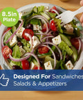 Top Shelf Pathways Heavy Weight Plates In Crisp White Measuring Eight And A Half Inches Ideal For Crushing Big Feasts With Heft You Can Count On And A Clean Aesthetic Offering One Hundred Twenty Five Plates Per Pack holding a fresh salad.