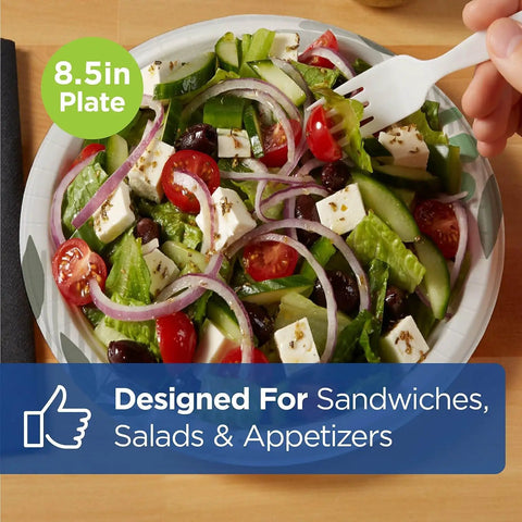 Top Shelf Pathways Heavy Weight Plates In Crisp White Measuring Eight And A Half Inches Ideal For Crushing Big Feasts With Heft You Can Count On And A Clean Aesthetic Offering One Hundred Twenty Five Plates Per Pack holding a fresh salad.