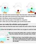 Instructions for using a stovetop tea kettle, showing correct water level and flame placement to ensure whistling function.
