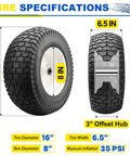 Two Pack 16x6.50-8 Lawn Mower Tires And Rims Pair With 3 Offset Hub And 3/4 Bearing Fit For Tractor And Ride On Mower specifications.