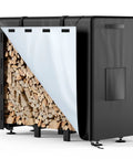 Outdoor Firewood Rack With Cover And Heavy Duty Wood Storage For Firewood Waterproof Logs Holder For Patio Deck And Fireplace Four Foot Indoor Outdoor Wood Stand Stacker System Black with wood visible under cover.
