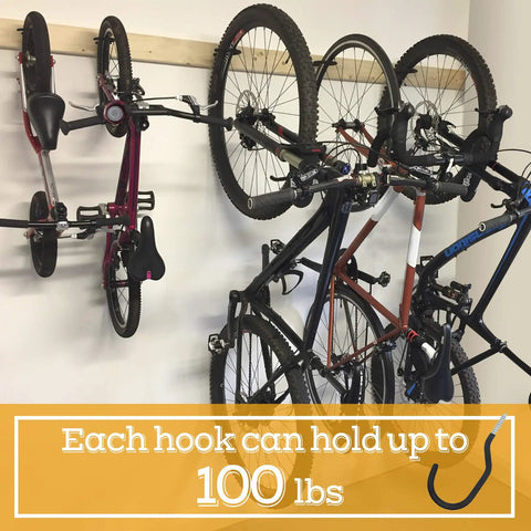 Premium Heavy Gauge Steel Screw In Hooks 12 Pack Hold Your Rig Tight Garage Wall And Ceiling Bike Storage 100 Lb Rock Solid Capacity bikes mounted on wall with hooks.