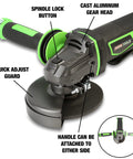 Heavy Duty Four Inch Cordless Angle Grinder With 20V Lithium Ion Battery and 4 Amp Hour Power Pack showing spindle lock, aluminum gear head.
