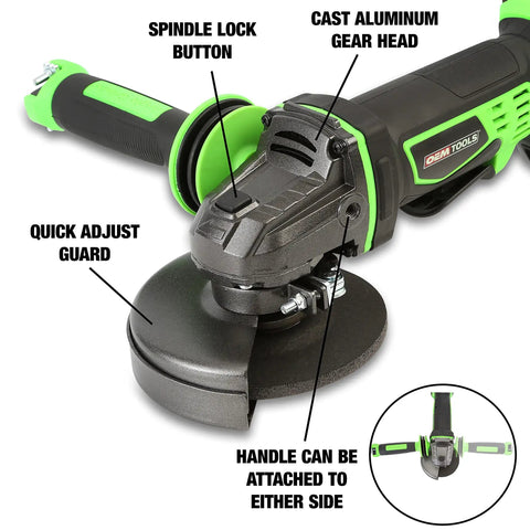 Heavy Duty Four Inch Cordless Angle Grinder With 20V Lithium Ion Battery and 4 Amp Hour Power Pack showing spindle lock, aluminum gear head.