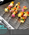 Stainless steel BBQ skewers with colorful vegetables grilling, Backyard BBQ Essential 5 Piece Grill Tools Set With Heavy Duty Wire Brush Spatula Fork Tongs And Basting Brush For Outdoor Cooking Camping And Grilling Gift For Men Dad Grill Master Approved featured.